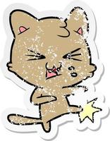 verontruste sticker van een cartoon sissende kat vector