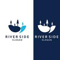 logos van rivieren, kreken, rivieroevers en stromen. rivier- logo met combinatie van bergen en bouwland met concept ontwerp vector illustratie sjabloon.