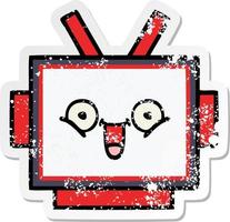 verontruste sticker van een schattig cartoon robothoofd vector