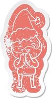 cartoon verontruste sticker van een gelukkige bebaarde man met een kerstmuts vector
