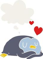 tekenfilm pinguïn in liefde en gedachte bubbel in retro stijl vector