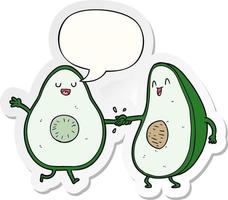 tekenfilm dansen avocado's en toespraak bubbel sticker vector