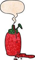 tekenfilm tomaat ketchup fles en toespraak bubbel in retro structuur stijl vector