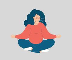 jong vrouw ervan uitgaand een baby en beoefenen ademen opdrachten. zwanger zit in yoga lotus positie en maakt inademen uitademen. concept van nieuw moederschap mentaal Gezondheid welzijn en ademhalings systeem. vector