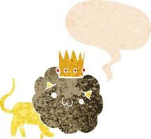 cartoon leeuw met kroon en tekstballon in retro getextureerde stijl vector