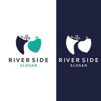 logos van rivieren, kreken, rivieroevers en stromen. rivier- logo met combinatie van bergen en bouwland met concept ontwerp vector illustratie sjabloon.