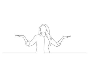 tekenfilm van gelukkig glimlachen vrouw gebaren met handen en tonen evenwicht. een lijn kunst tekening stijl vector