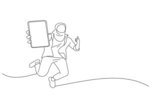 illustratie van vrolijk meisje roodharige Aziatisch moslim tiener jumping omhoog, tonen duim omhoog en nieuwste smartphone met leeg scherm. schets tekening stijl kunst vector