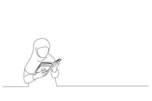 tekening van weinig moslim meisje met de heilig koran. een lijn kunst tekening stijl vector