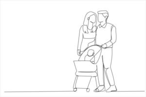 tekenfilm van jong moeder en vader wandelen buitenshuis met baby in wandelwagen. single doorlopend lijn kunst stijl vector