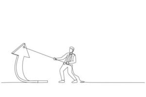 tekening van zakenman trekt een groot pijl omhoog de touw. verhogen inkomen concept. single lijn kunst stijl vector