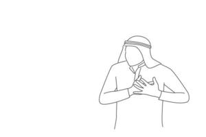 tekening van Arabisch zakenman aanraken borst gevoel plotseling acuut pijn in hart. single doorlopend lijn kunst vector