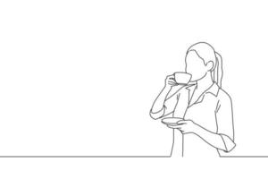 illustratie van zakenvrouw drinken koffie in de buurt venster in de kamer. lijn kunst stijl vector