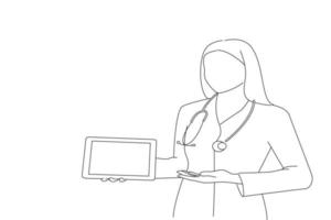 illustratie van jong dokter in wit jas tonen de scherm van digitaal tablet in haar hand. schets tekening stijl kunst vector