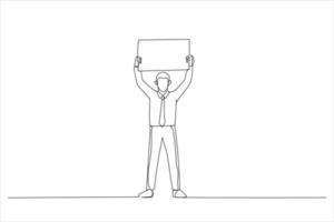 tekening van gelukkig Mens Holding omhoog een banier advertentie. single lijn kunst stijl vector