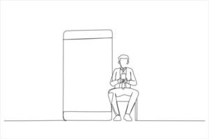 tekening van gelukkig Mens zittend Aan stoel in de buurt groot smartphone met leeg wit Scherm. single lijn kunst stijl vector