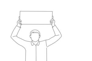 illustratie van zakenman houden blanco teken bord. een lijn kunst tekening stijl vector