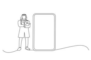 tekenfilm van midden- oostelijk mannetje arts in bril en wit uniform richten vinger Bij groot telefoon scherm. een lijn kunst vector