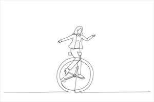 tekening van zakenvrouw rijden wijnoogst klok fiets. tijd beheer of werk leven balans concept. single lijn kunst stijl vector