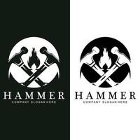 hamer, bouwconstructiehulpmiddelen en rechter logo vectorpictogram, vintage retro ontwerpillustratie vector