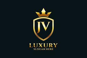 eerste jv elegant luxe monogram logo of insigne sjabloon met scrollt en Koninklijk kroon - perfect voor luxueus branding projecten vector