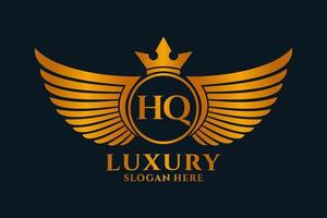 luxe Koninklijk vleugel brief hq kam goud kleur logo vector, zege logo, kam logo, vleugel logo, vector logo sjabloon.