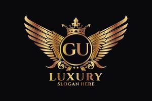luxe Koninklijk vleugel brief gu kam goud kleur logo vector, zege logo, kam logo, vleugel logo, vector logo sjabloon.