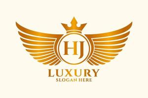 luxe Koninklijk vleugel brief hj kam goud kleur logo vector, zege logo, kam logo, vleugel logo, vector logo sjabloon.