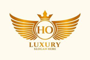 luxe Koninklijk vleugel brief ho kam goud kleur logo vector, zege logo, kam logo, vleugel logo, vector logo sjabloon.