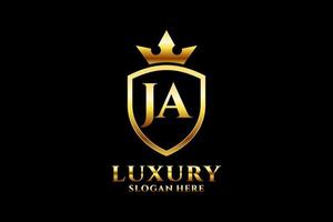 eerste ja elegant luxe monogram logo of insigne sjabloon met scrollt en Koninklijk kroon - perfect voor luxueus branding projecten vector