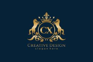 eerste cx retro gouden kam met cirkel en twee paarden, insigne sjabloon met scrollt en Koninklijk kroon - perfect voor luxueus branding projecten vector