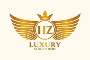 luxe Koninklijk vleugel brief hz kam goud kleur logo vector, zege logo, kam logo, vleugel logo, vector logo sjabloon.