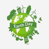 earth day wereldbol met milieuvriendelijke stad en familie vector