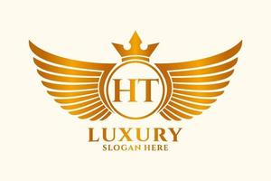 luxe Koninklijk vleugel brief ht kam goud kleur logo vector, zege logo, kam logo, vleugel logo, vector logo sjabloon.