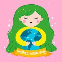 gelukkig moeder aarde dag groet kaart illustratie met schattig moeder aarde en wereldbol in haar handen vector