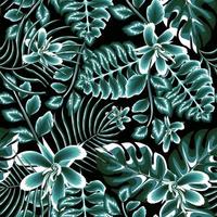 groen monochromatisch tropisch monstera palm bladeren naadloos patroon met abstract hibiscus bloemen planten en gebladerte Aan nacht achtergrond. bloemen achtergrond. exotisch tropen. Woud achtergrond. voorjaar vector