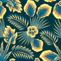 trending abstract naadloos patroon met kleurrijk tropisch bladeren en planten Aan blauw achtergrond. vector ontwerpen. oerwoud afdrukken. bloemen achtergronden. het drukken en textiel. exotisch tropen. zomer ontwerp