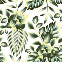 groen wijnoogst tropisch achtergrond met palm bladeren en planten gebladerte. naadloos bloemen patroon met geel en donker groen combinatie. modieus afdrukken textuur. wijnoogst ontwerp. natuur behang. vector