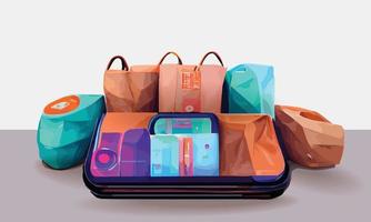 online boodschappen doen of levering concept illustratie 3d vector tonen karretje, Tassen en dozen. modern modieus ontwerp helder kleuren Aan smartphone