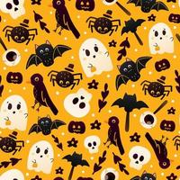 kleurrijk oranje halloween naadloos patroon voor omhulsel papier of textiel met schattig spin, kraai en geest karakters, spookachtig oranaat voor monster partij in tekenfilm stijl vector