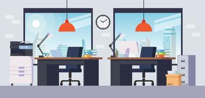 illustratie van een kantoor kamer met bureau, plank, printer en computer. vector