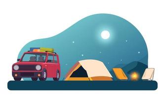 auto's, tenten, kampvuren en nacht landschappen geregeld in de Woud reizen en camping avonturen vector