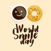 illustratie een kop koffie met donut Aan licht achtergrond met tekst wereld glimlach dag vector