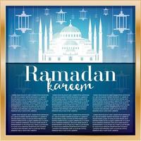 Ramadan kareem groet kaart sjabloon met wit moskee. vector