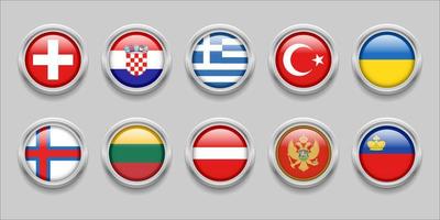 Europa ronde vlaggen reeks verzameling 3d ronde vlag, insigne vlag, Faeröer eilanden, Zwitserland, Kroatië, kalkoen, Letland, Oekraïne, Liechtenstein, Litouwen, Griekenland, Montenegro vector