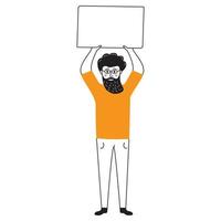 Mens Holding een blanco poster. sociaal protest worstelen voor rechten. sociaal issue.doodle gezicht menselijk avatar een Mens met een baard. geïsoleerd Aan wit achtergrond. hand- getrokken tekenfilm illustratie. vector