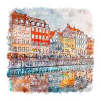 nyhavn kobenhavn denemarken aquarel schets hand getekende illustratie vector