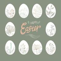 reeks van hand- getrokken Pasen eieren vector illustratie met elegant botanisch bladeren Aan donker achtergrond. kan worden gebruikt voor Pasen spandoeken, groet kaarten en affiches.