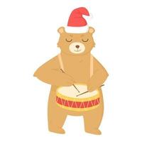 schattig beer met Kerstmis hoed spelen trommel. vector