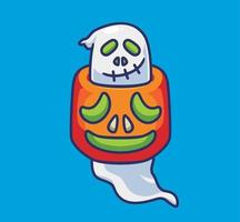 schattig geest zit vast Aan reusachtig pompoen. geïsoleerd tekenfilm halloween illustratie. vlak stijl geschikt voor sticker icoon ontwerp premie logo vector. mascotte karakter vector